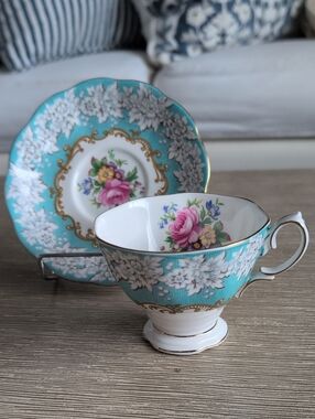 Royal Albert Enchantment Floral Bone China Teacup and Saucer Set Gold Turquoise